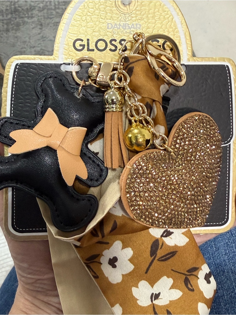 Danbar Tan, Black & Gold Heart Tassel Keychain Card Holder Charm